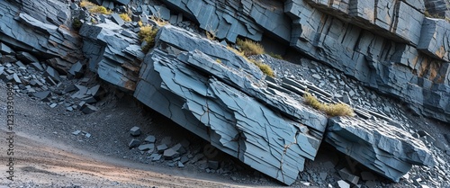 Muted slate blue hornfels stone in quarry face with close up background photo