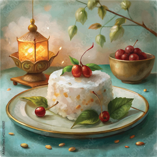 A realistic watercolor rendering of coconut rice cake served on a ceramic dish
