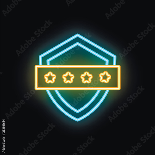 Neon sign of double outline shield protecting five stars, concept of safety and security