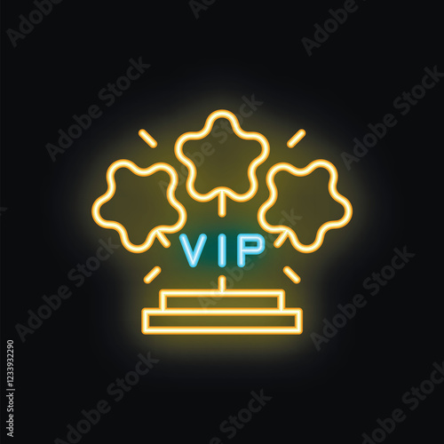 Neon icon representing vip treatment with stars and podium glowing on a dark wall