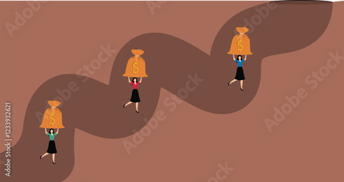 Thieves steal money, illegal gains, money laundering or financial crimes, illegal smuggling, businesswomen steal bags of money from underground tunnels