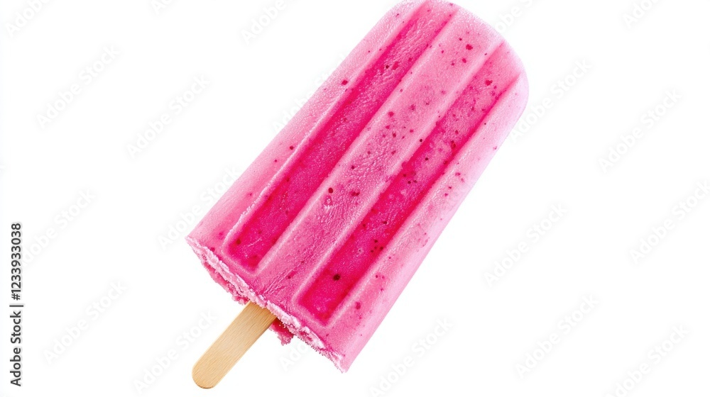 A vibrant pink popsicle ice cream with a wooden stick, isolated on a white background A vibrant pink popsicle ice cream with a wooden stick, isolated on a white background