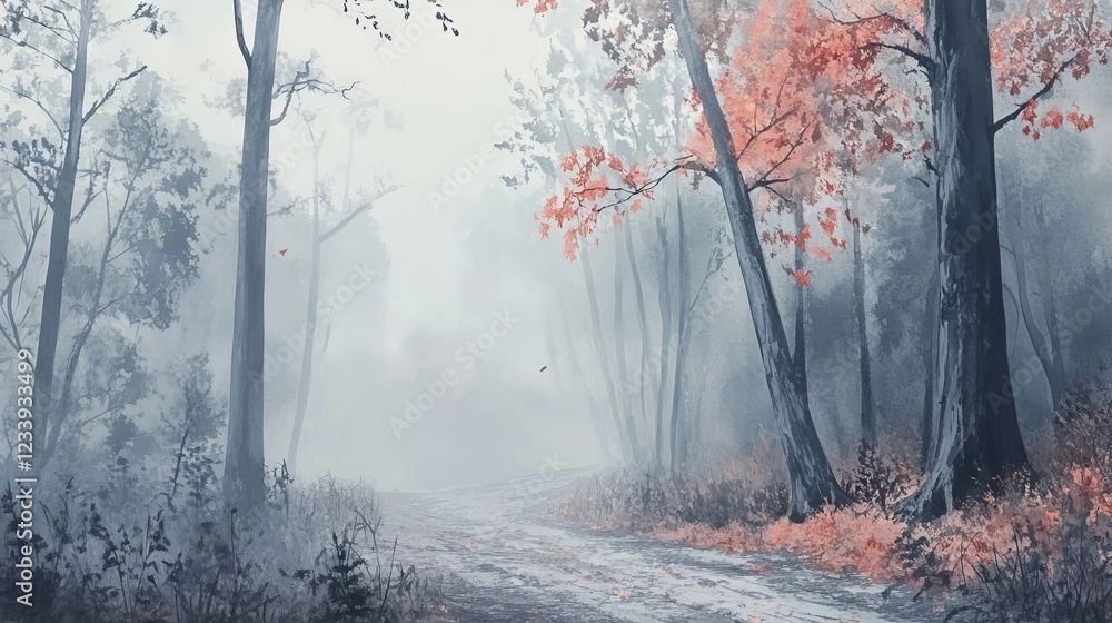 Naklejka premium Misty autumn forest path with vivid orange and red leaves in early morning light