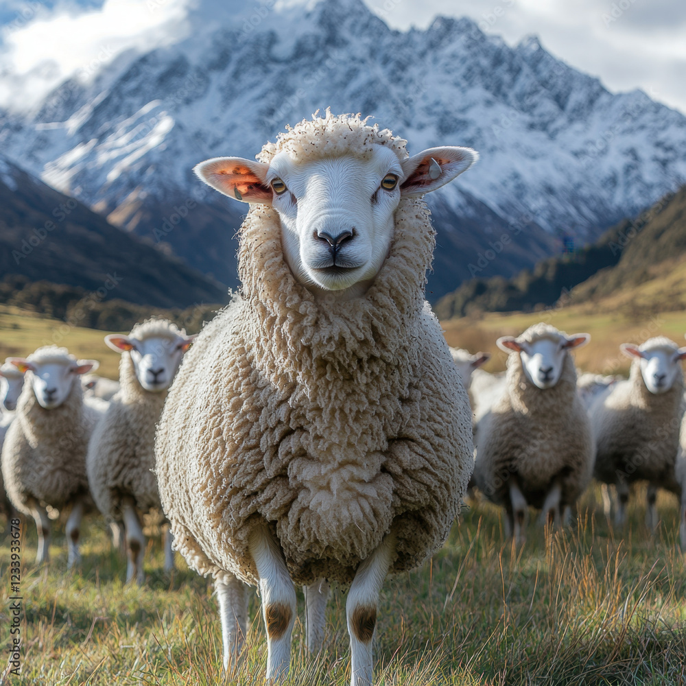 Fototapeta premium A woolly sheep stares into the camera while its flock grazes in a green valley. Snow-capped peaks in the background create a breathtaking rural scene. 