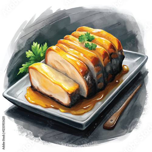A vibrant watercolor illustration of Chinese roasted pork char siu