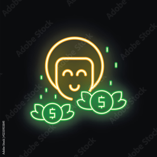 Neon sign depicting a happy face with money growing on plants, representing the concept of financial growth and prosperity