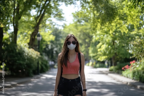 A young woman in casual attire, with sunglasses and a mask, walking leisurely through a tree-lined street on a bright sunny day. photo