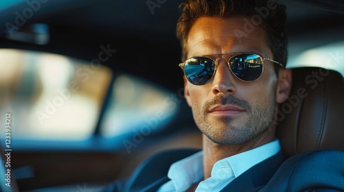 Confidential investigator in sunglasses making deal inside luxury car