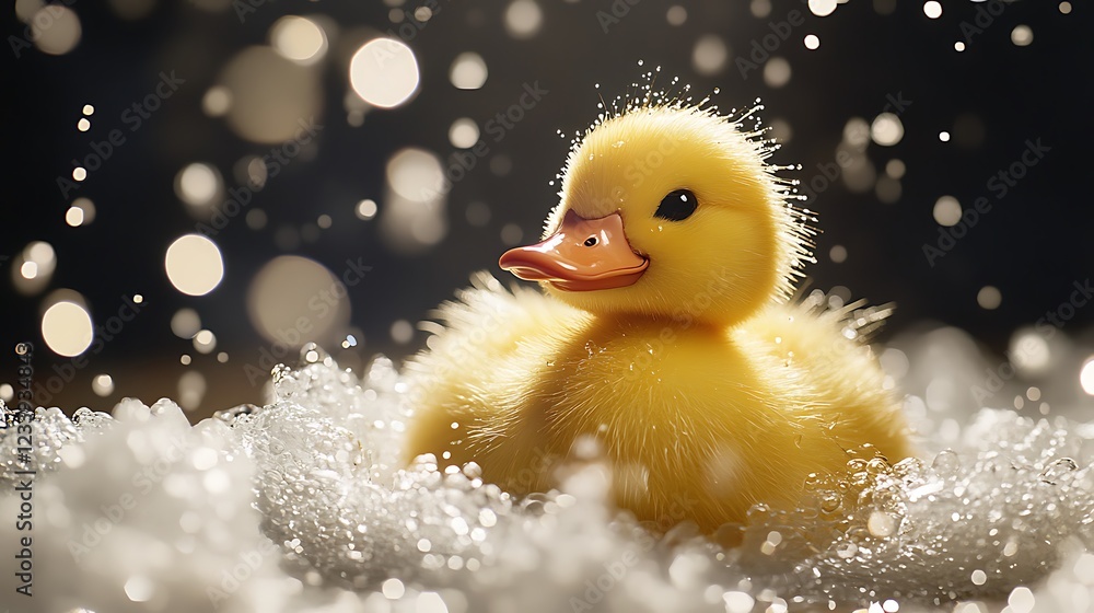 A stuffed duck near sparkling water droplets A stuffed duck near sparkling water droplets