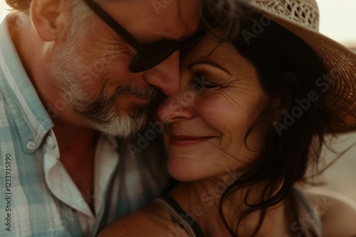 Middle-aged couple portrait romantic kissing. photo