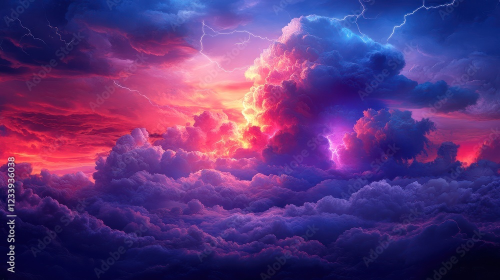 Fiery sunset storm cloudscape, lightning, atmospheric, dramatic, background, design Fiery sunset storm cloudscape, lightning, atmospheric, dramatic, background, design