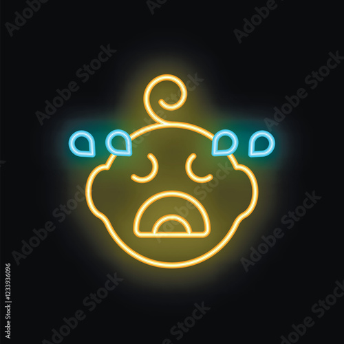 Neon sign of a baby crying with tears running down its face on a black background