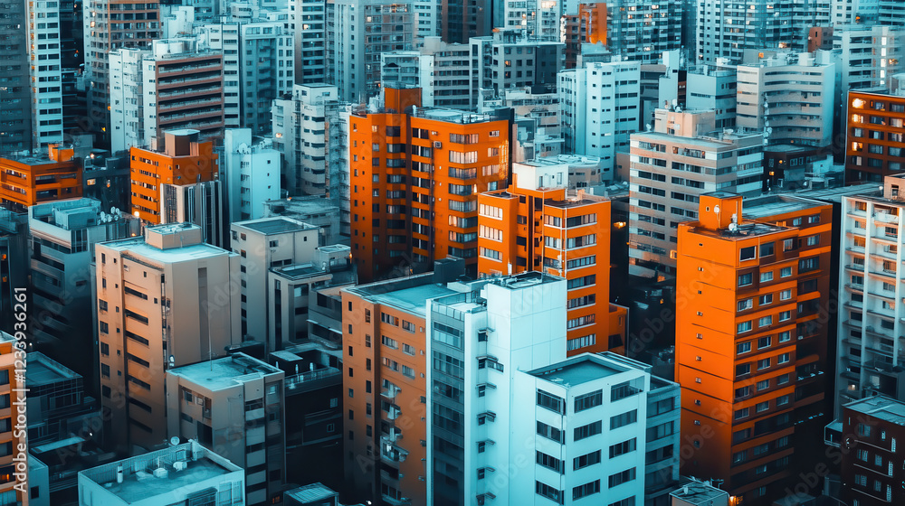 Obraz premium Vibrant cityscape with colorful buildings and urban architecture at dusk