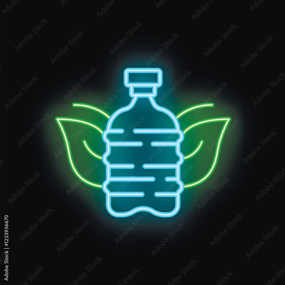 Neon icon of a water bottle surrounded by leaves, conveying a message of environmental consciousness and sustainability Neon icon of a water bottle surrounded by leaves, conveying a message of environmental consciousness and sustainability