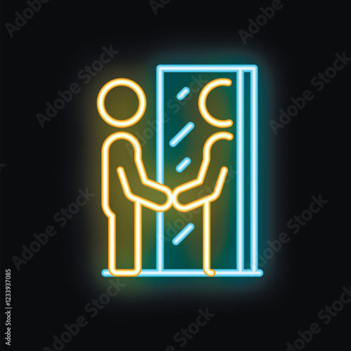 Neon sign icon of a businessman shaking hands with his reflection in a mirror