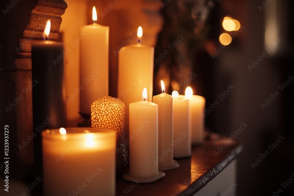 Beautiful cluster of candles on a mantle in a cozy living room warm lighting home decor intimate atmosphere close-up view serenity and relaxation Beautiful cluster of candles on a mantle in a cozy living room warm lighting home decor intimate atmosphere close-up view serenity and relaxation