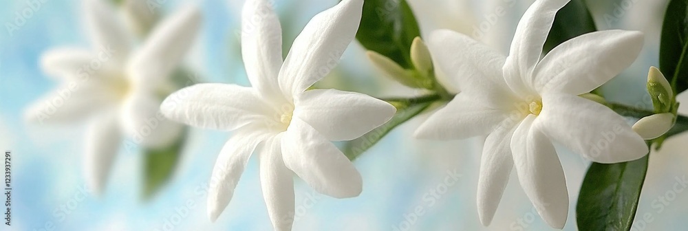 Close-up of blooming white jasmine flowers against a soft blue sky background Close-up of blooming white jasmine flowers against a soft blue sky background