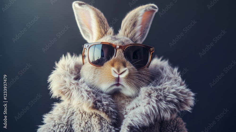 Rabbit wearing sunglasses and a fluffy coat poses confidently against a dark background Rabbit wearing sunglasses and a fluffy coat poses confidently against a dark background
