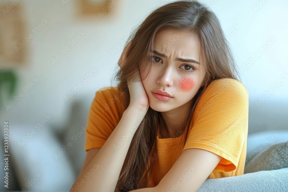young woman with red, irritated skin on her face, looking distressed, sitting on couch at home young woman with red, irritated skin on her face, looking distressed, sitting on couch at home