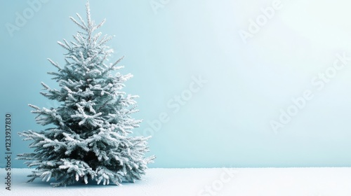 Snow-covered evergreen tree stands elegantly against a pale blue background during winter holiday season