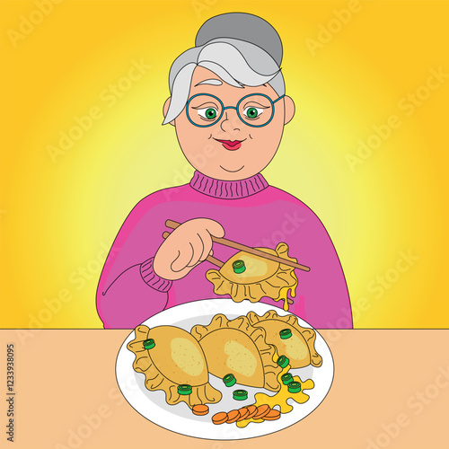 Granny eating traditional dumplings with onion and carrot, vector cartoon illustration isolated on a yellow background