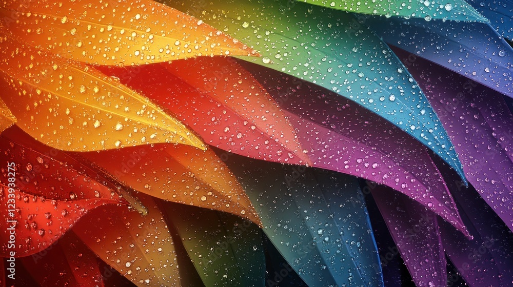 Obraz premium Vibrant Rainbow Leaves with Dew Drops: A Colorful Nature Close-Up