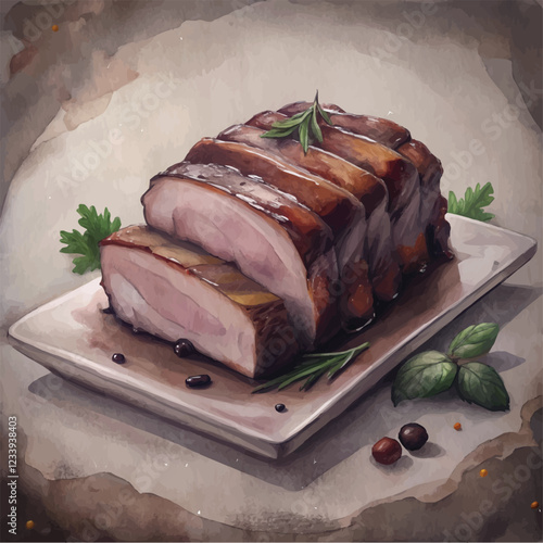 Traditional Cantonese char siu pork depicted in watercolor style