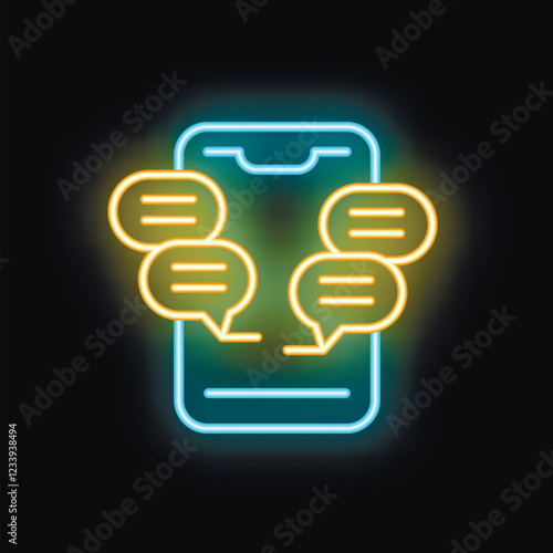 Blue neon smartphone with yellow speech bubbles surrounding it on a black background