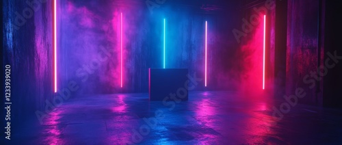 Wallpaper Mural 3D render of an empty presentation stage with neon lights and product display podium in a modern environment Torontodigital.ca