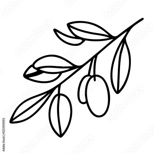 A stylized line icon of an olive twig featuring two large olives and long, narrow leaves extending outward