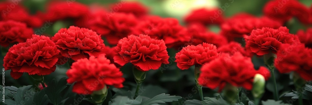 Vibrant red carnations in blooming garden setting with lush green foliage Vibrant red carnations in blooming garden setting with lush green foliage