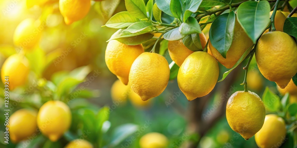 Fresh lemons growing on a tree with leaves and stems in a lush green garden, flora, agriculture, flora, agriculture, gardening Fresh lemons growing on a tree with leaves and stems in a lush green garden, flora, agriculture, flora, agriculture, gardening