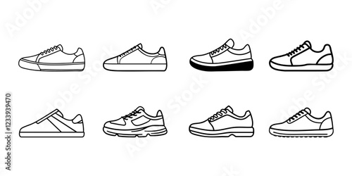 A collection of eight line icons depicting various sneaker designs with different soles and details