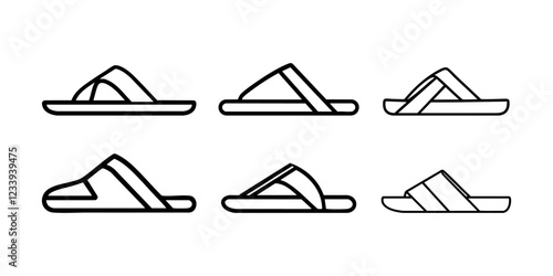 A set of six line icons featuring different styles of sandals and flip flops with various strap designs