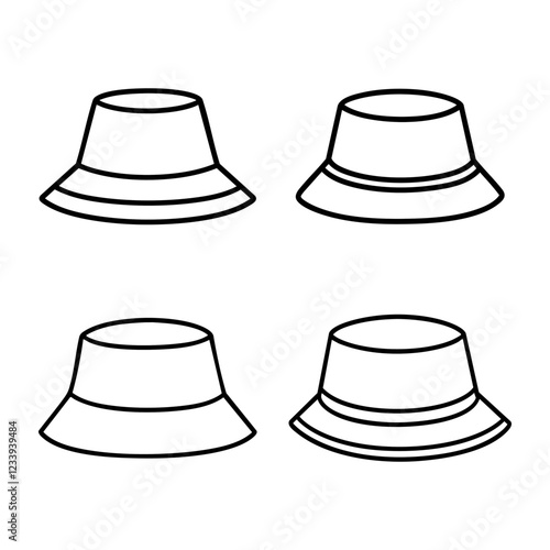 Four minimalist line icons of bucket hats with variations in brim width and overall shape