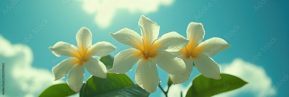 Close-up of white plumeria flowers against a bright blue sky Close-up of white plumeria flowers against a bright blue sky