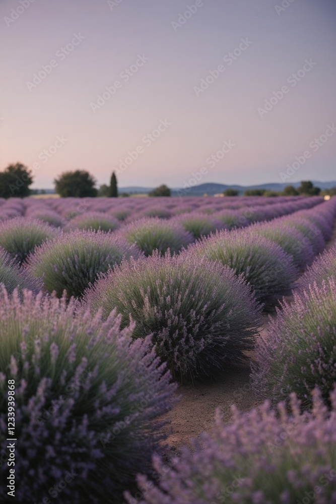 Obraz premium Lavender fields blooming at dusk with purple flowers and rolling hills 