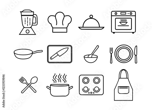 A collection of twelve cooking-related line icons, including a blender, stove, pot, knife, apron, and utensils