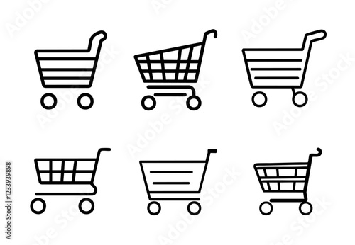 A collection of six line icons depicting various shopping cart designs with different basket and wheel styles