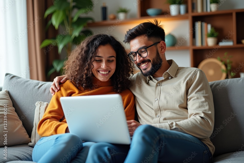 A Joyful Couple Engaged in Online Activities at Home: Exploring Connection, Technology, and Togetherness in a Cozy Living Space A Joyful Couple Engaged in Online Activities at Home: Exploring Connection, Technology, and Togetherness in a Cozy Living Space