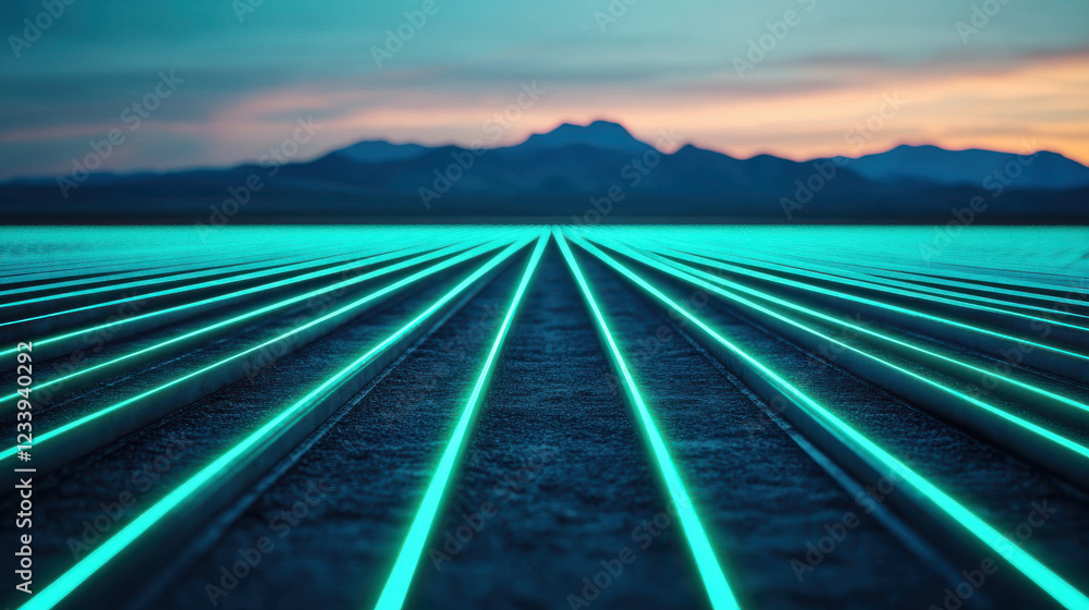 Obraz premium Futuristic glowing green energy currents flow across landscape at dusk