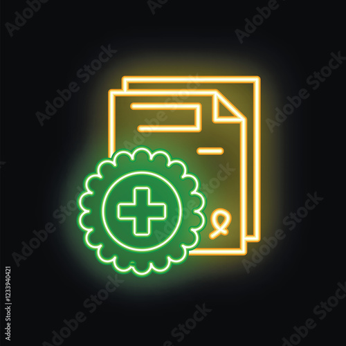 Neon icon of medical prescription with cross sign glowing on black background