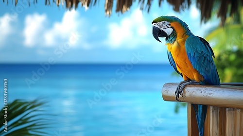 A stuffed parrot perched on a tiki bar overlooking the calm blue sea photo