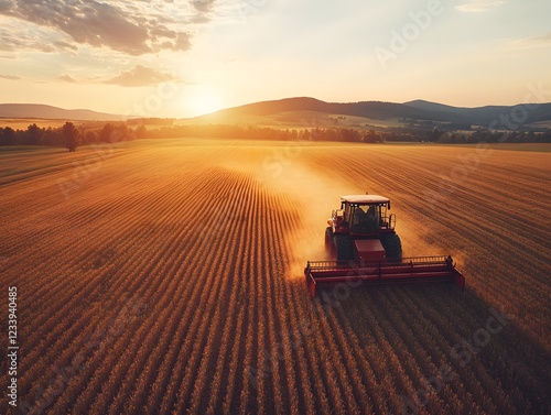 A farmer harvests ripe wheat in a golden field at sunset
