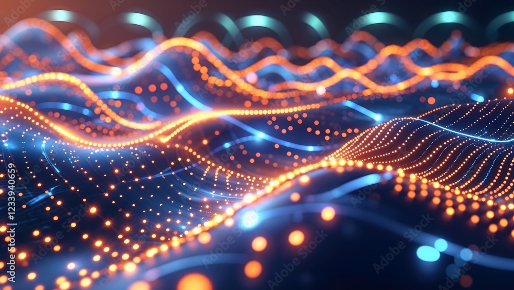 Abstract Digital Landscape: A mesmerizing abstract landscape rendered in vibrant blue and orange hues, featuring glowing lines and dots that create a sense of depth and movement. Abstract Digital Landscape: A mesmerizing abstract landscape rendered in vibrant blue and orange hues, featuring glowing lines and dots that create a sense of depth and movement.