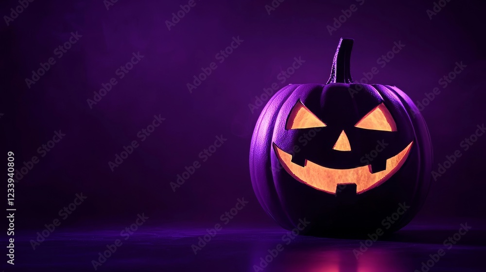 Brightly glowing jack-o'-lantern illuminates a dark room with purple lighting during Halloween festivities Brightly glowing jack-o'-lantern illuminates a dark room with purple lighting during Halloween festivities