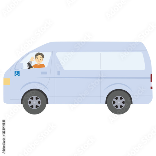 訪問看護サービスの自宅送迎途中の福祉車両から手を振る運転手（車椅子マーク付き）男性＿治療＿医療
