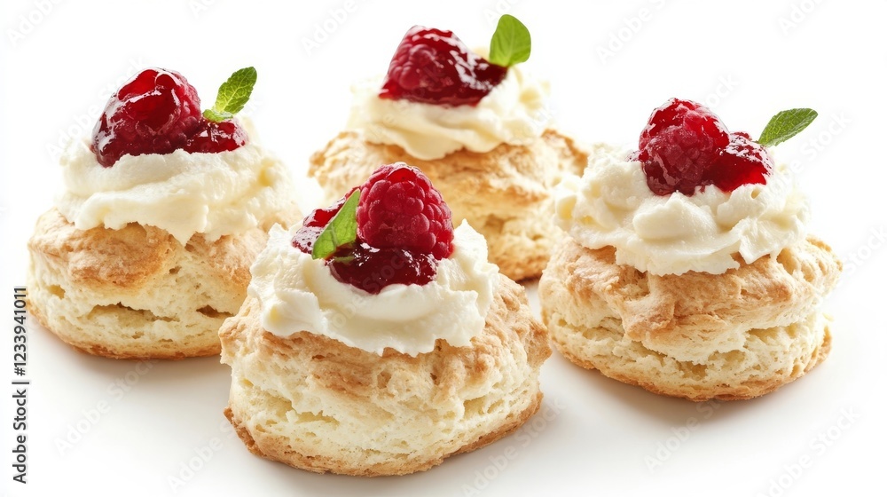 Delightful small pastries topped with cream and raspberries served on a white plate Delightful small pastries topped with cream and raspberries served on a white plate