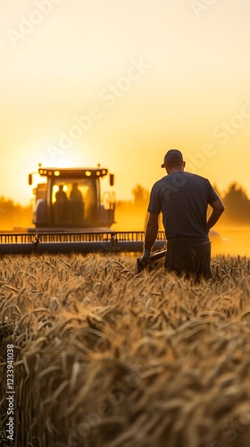 A farmer harvests ripe wheat in a golden field at sunset