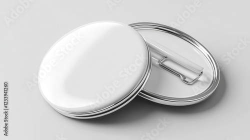 A white plastic metal pin badge button mockup is displayed isolated on a light background.